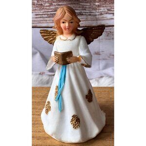 VTG Hong Kong Plastic Christmas Angel White and Gold Dress with Blue Ribbon